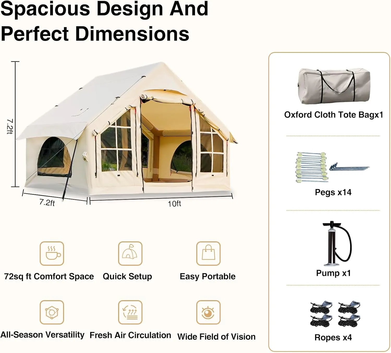 2025 Upgraded 100% Waterproof Inflatable Camping Tent, Large Blow-Up Air Tent, No Assembly Needed Luxury Glamping House, Oxford Fabric