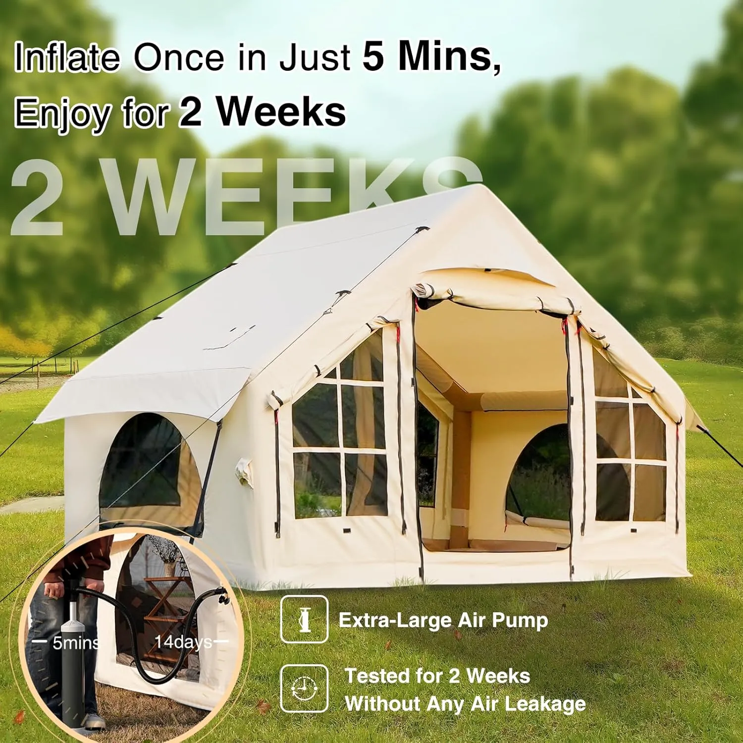 2025 Upgraded 100% Waterproof Inflatable Camping Tent, Large Blow-Up Air Tent, No Assembly Needed Luxury Glamping House, Oxford Fabric