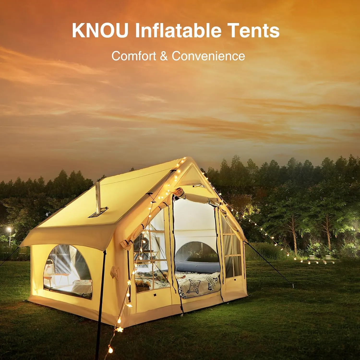 2025 Upgraded 100% Waterproof Inflatable Camping Tent, Large Blow-Up Air Tent, No Assembly Needed Luxury Glamping House, Oxford Fabric