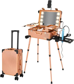20" Aluminum Trolley Makeup Train Case with LED Lights Professional Cosmetic Organizer Studio with Speaker, Wheels and Stands Rolling Lighted Makeup Vanity Station for Travel (rose gold)