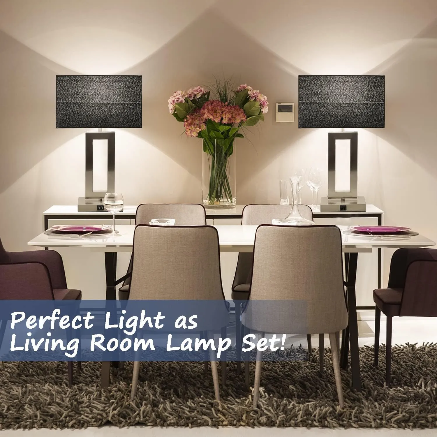 22'' Set of 2 Black Touch Table Lamps with 2 USB Ports, 3-Way Dimmable Touch Lamps for Bedroom Bedside Nightstand, Modern Brushed Nickel Lamps for Living Room End Table, LED Bulbs Included