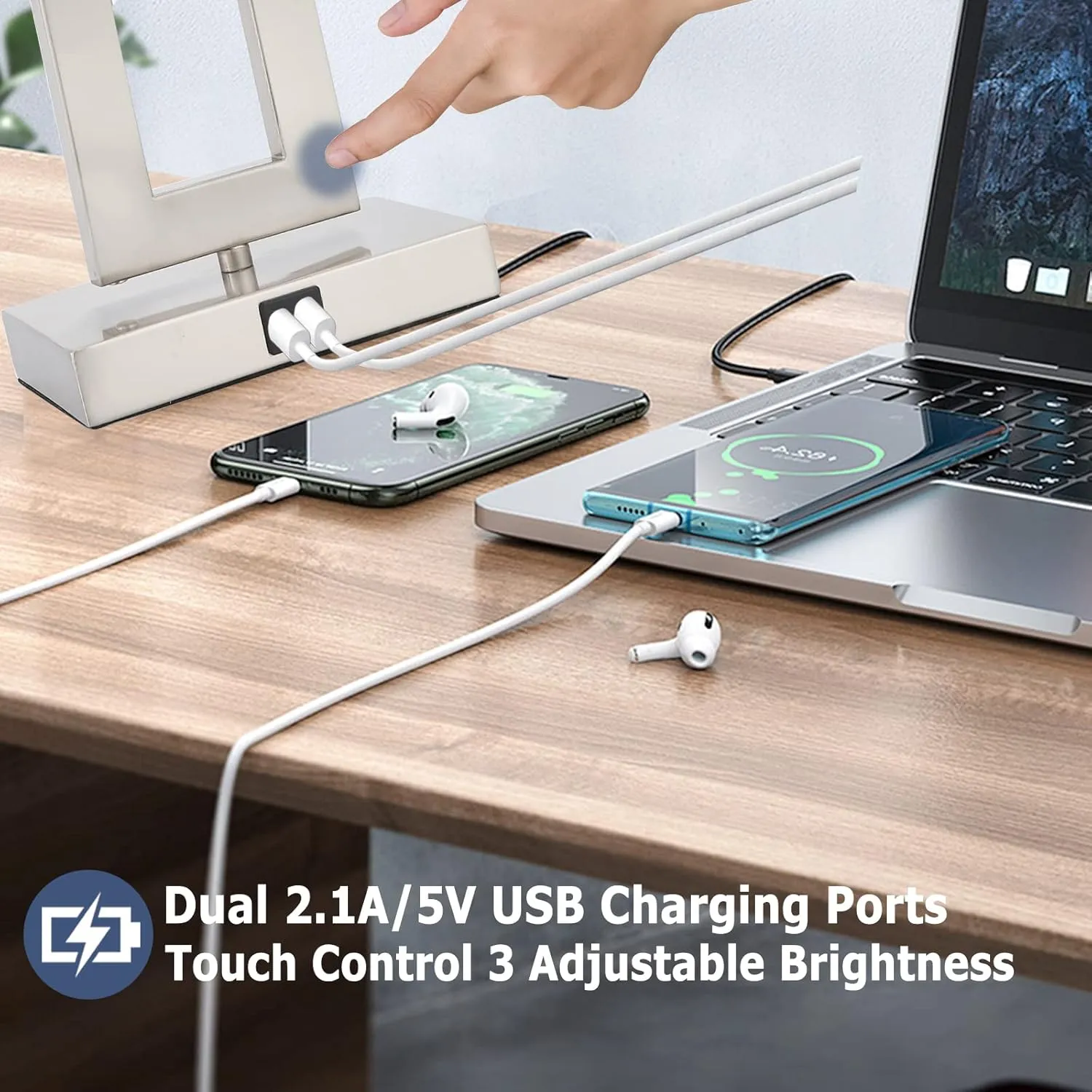22'' Set of 2 Black Touch Table Lamps with 2 USB Ports, 3-Way Dimmable Touch Lamps for Bedroom Bedside Nightstand, Modern Brushed Nickel Lamps for Living Room End Table, LED Bulbs Included