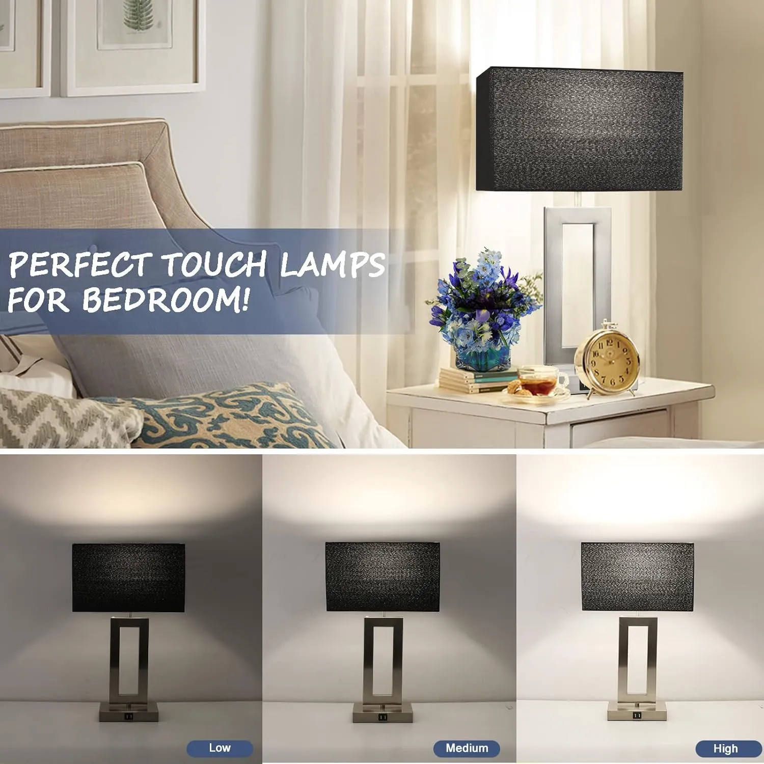 22'' Set of 2 Black Touch Table Lamps with 2 USB Ports, 3-Way Dimmable Touch Lamps for Bedroom Bedside Nightstand, Modern Brushed Nickel Lamps for Living Room End Table, LED Bulbs Included