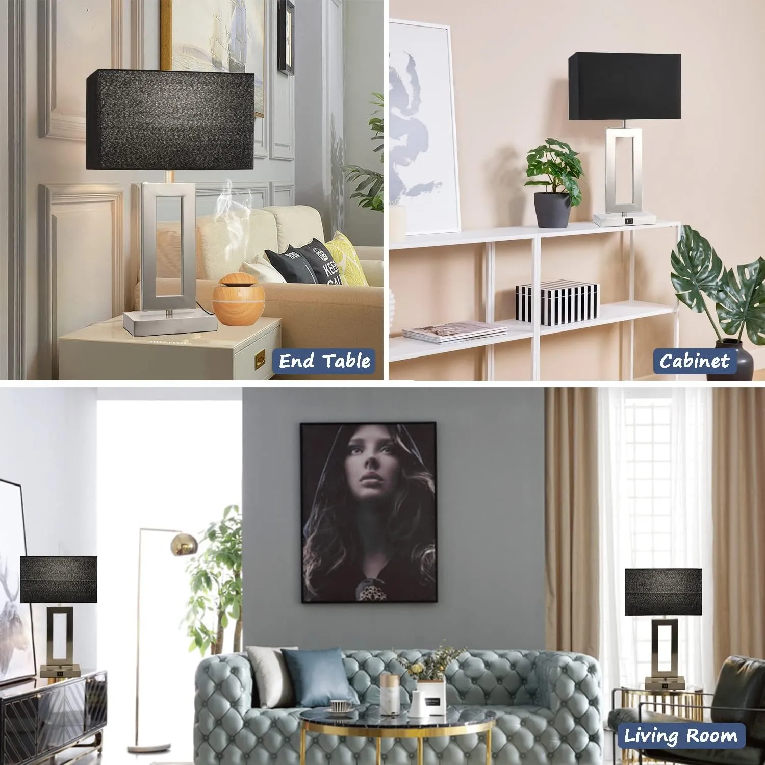22'' Set of 2 Black Touch Table Lamps with 2 USB Ports, 3-Way Dimmable Touch Lamps for Bedroom Bedside Nightstand, Modern Brushed Nickel Lamps for Living Room End Table, LED Bulbs Included