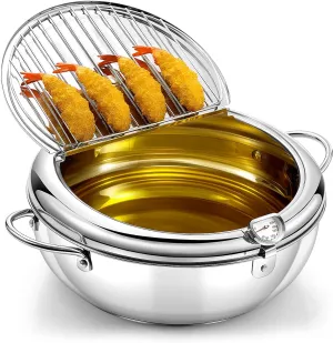 2.3 Qt (2.2 L) Deep Fryer Pot 304 Stainless Steel Tempura Frying Pot with Lid and Oil Drain Rack Japanese Deep Fryer Pan with Temperature Control for Kitchen French Fries, Chicken