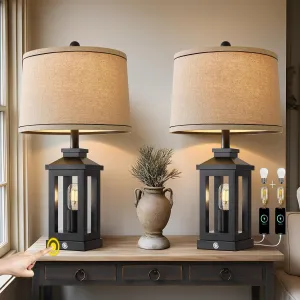 23.75" Retro Farmhouse Black Table Lamp for Living Room Bedroom Nightstand Set of 2 Touch Control Bedside Nightlight Vintage Modern Lamp with USB C A Ports and 2 Light Sources