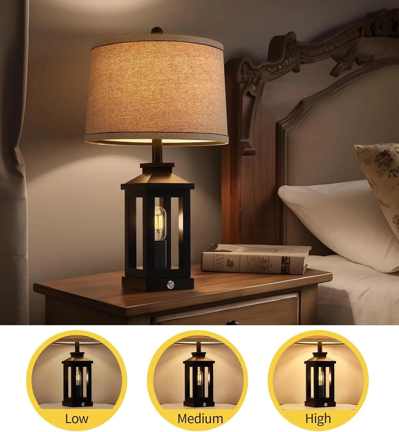 23.75" Retro Farmhouse Black Table Lamp for Living Room Bedroom Nightstand Set of 2 Touch Control Bedside Nightlight Vintage Modern Lamp with USB C A Ports and 2 Light Sources