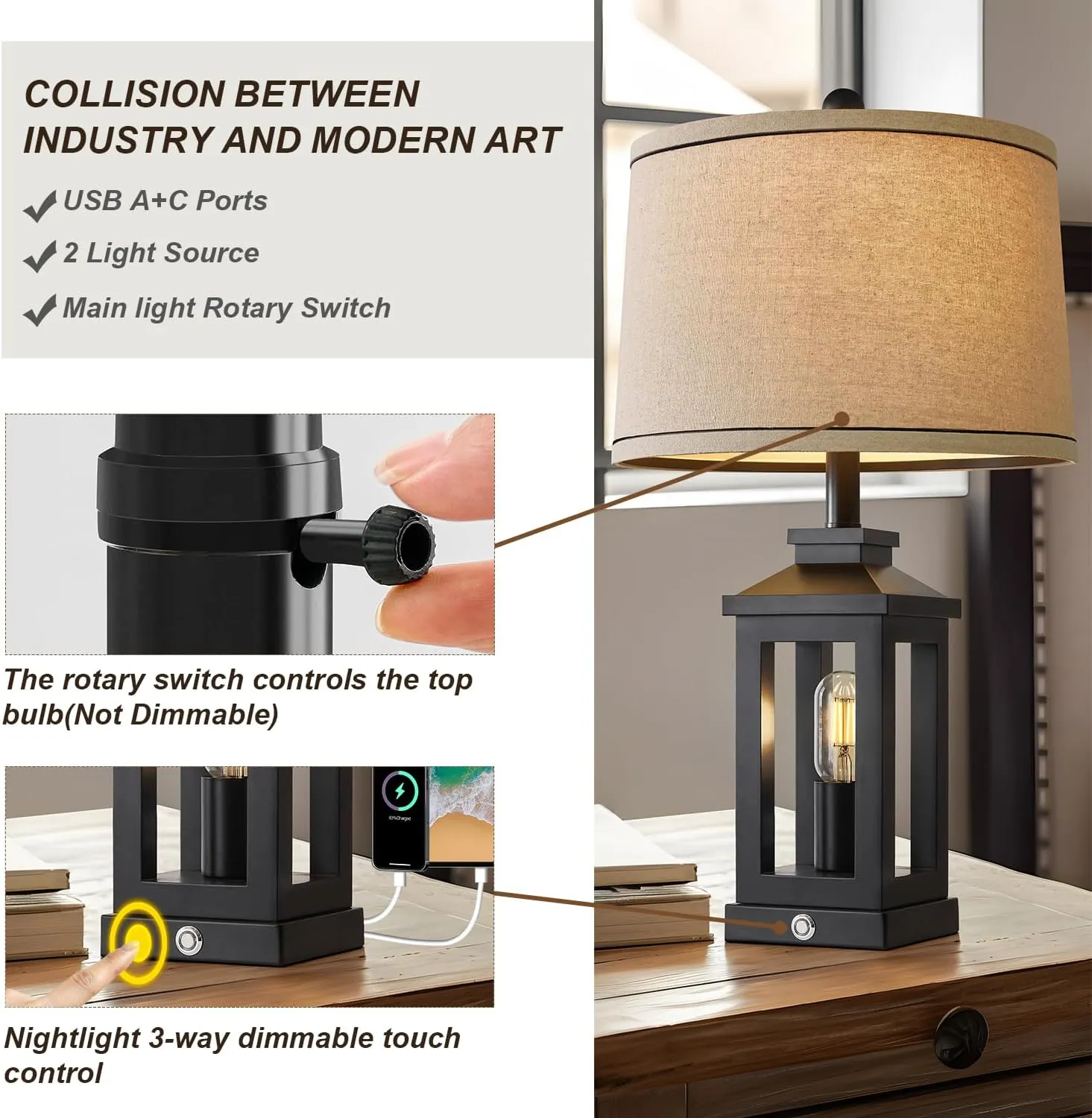 23.75" Retro Farmhouse Black Table Lamp for Living Room Bedroom Nightstand Set of 2 Touch Control Bedside Nightlight Vintage Modern Lamp with USB C A Ports and 2 Light Sources