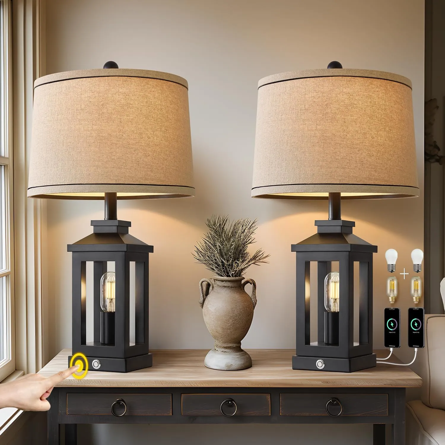 23.75" Retro Farmhouse Black Table Lamp for Living Room Bedroom Nightstand Set of 2 Touch Control Bedside Nightlight Vintage Modern Lamp with USB C A Ports and 2 Light Sources