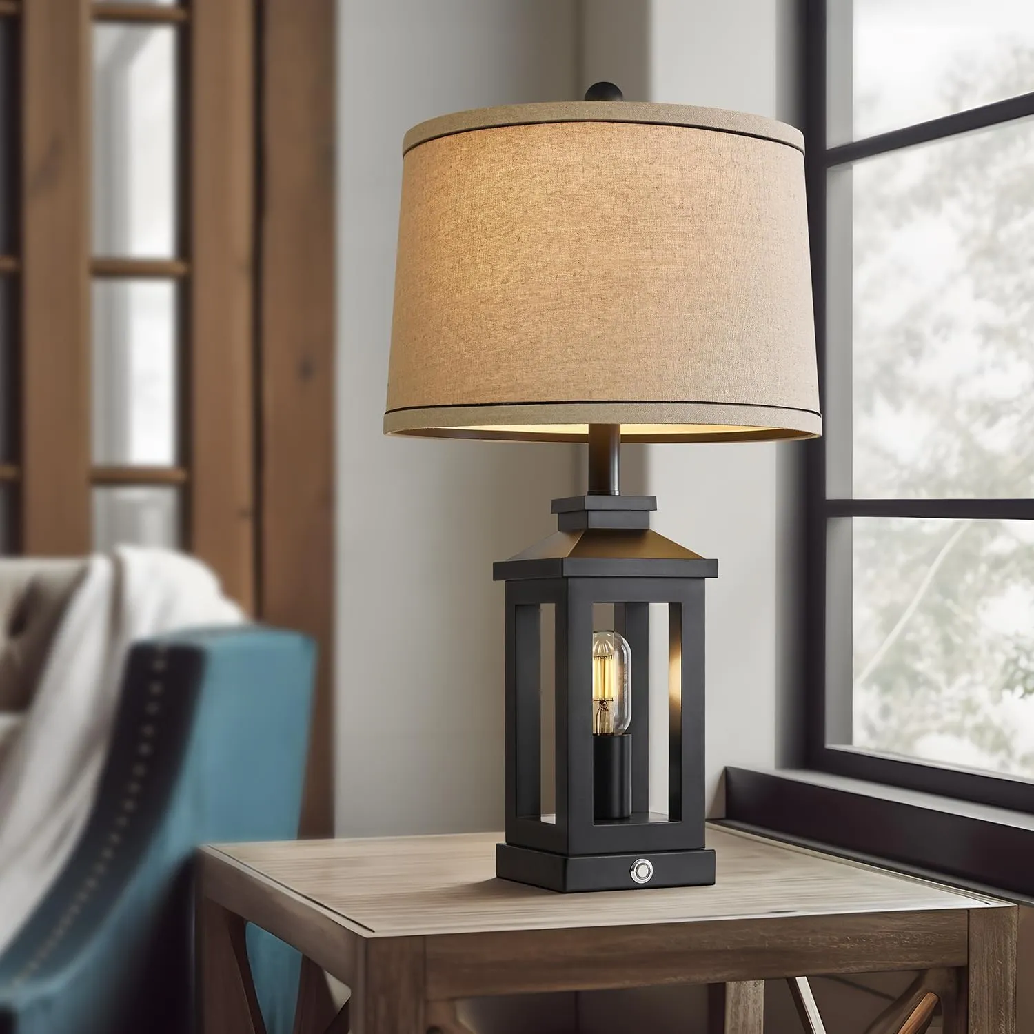 23.75" Retro Farmhouse Black Table Lamp for Living Room Bedroom Nightstand Set of 2 Touch Control Bedside Nightlight Vintage Modern Lamp with USB C A Ports and 2 Light Sources