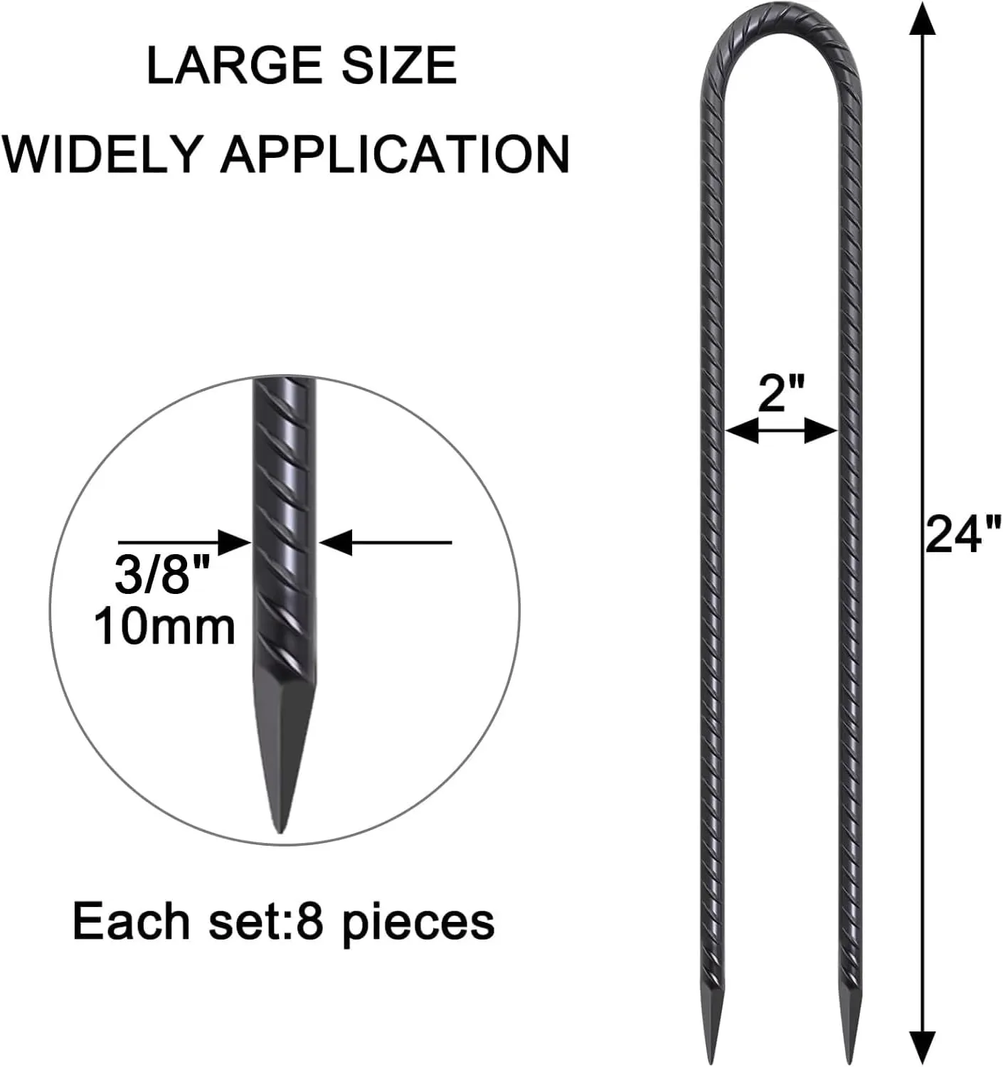 24 Inch Trampoline Stakes High Wind, 3/8 Inch Diameter Rebar Tent Anchors 8 Pack Heavy Duty U Stakes for Ground, Chain Link Fence, Swing Set, Soccer Goal (Black)