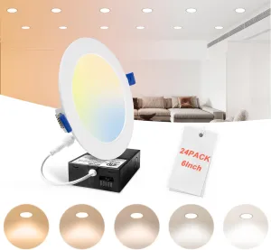 24 Pack 6 Inch LED Recessed Lighting with Junction Box, 5CCT Ultra-Thin Recessed Light, 1100LM High Brightness, Dimmable Canless Wafer Ceiling Light, 11W, FCC&ETL