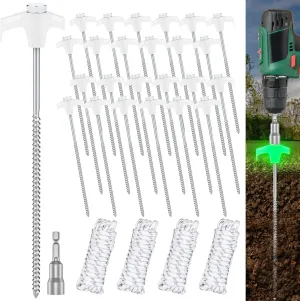 24 Pcs Tent Stakes Heavy Duty 12 Inch Metal Stakes for Inflatables Yard Pegs Spike Anchor,Non-Rust Screw in Tent Stakes with 4 x 10ft Ropes Ground Stakes for Halloween Christmas Inflatable