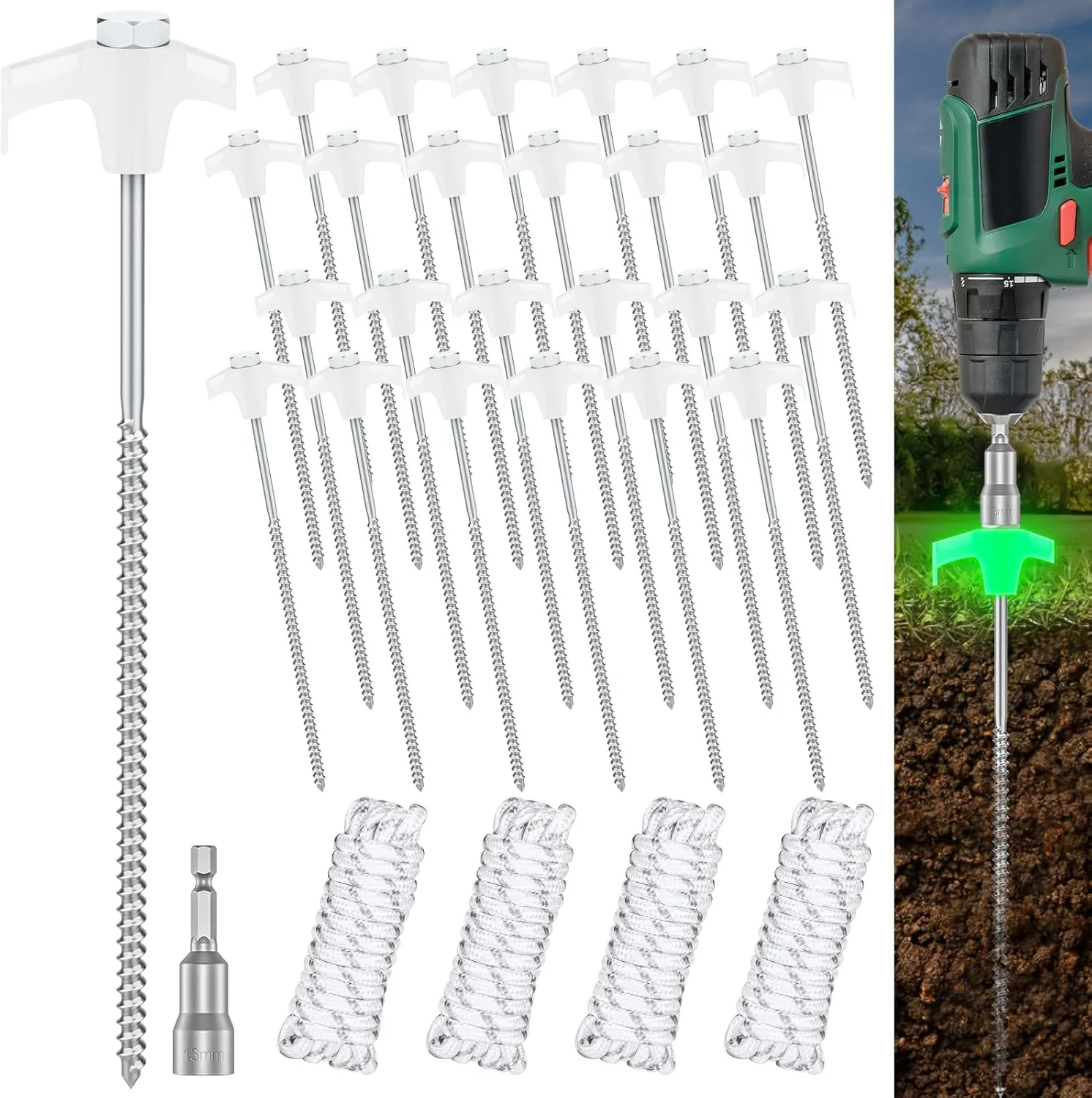 24 Pcs Tent Stakes Heavy Duty 12 Inch Metal Stakes for Inflatables Yard Pegs Spike Anchor,Non-Rust Screw in Tent Stakes with 4 x 10ft Ropes Ground Stakes for Halloween Christmas Inflatable
