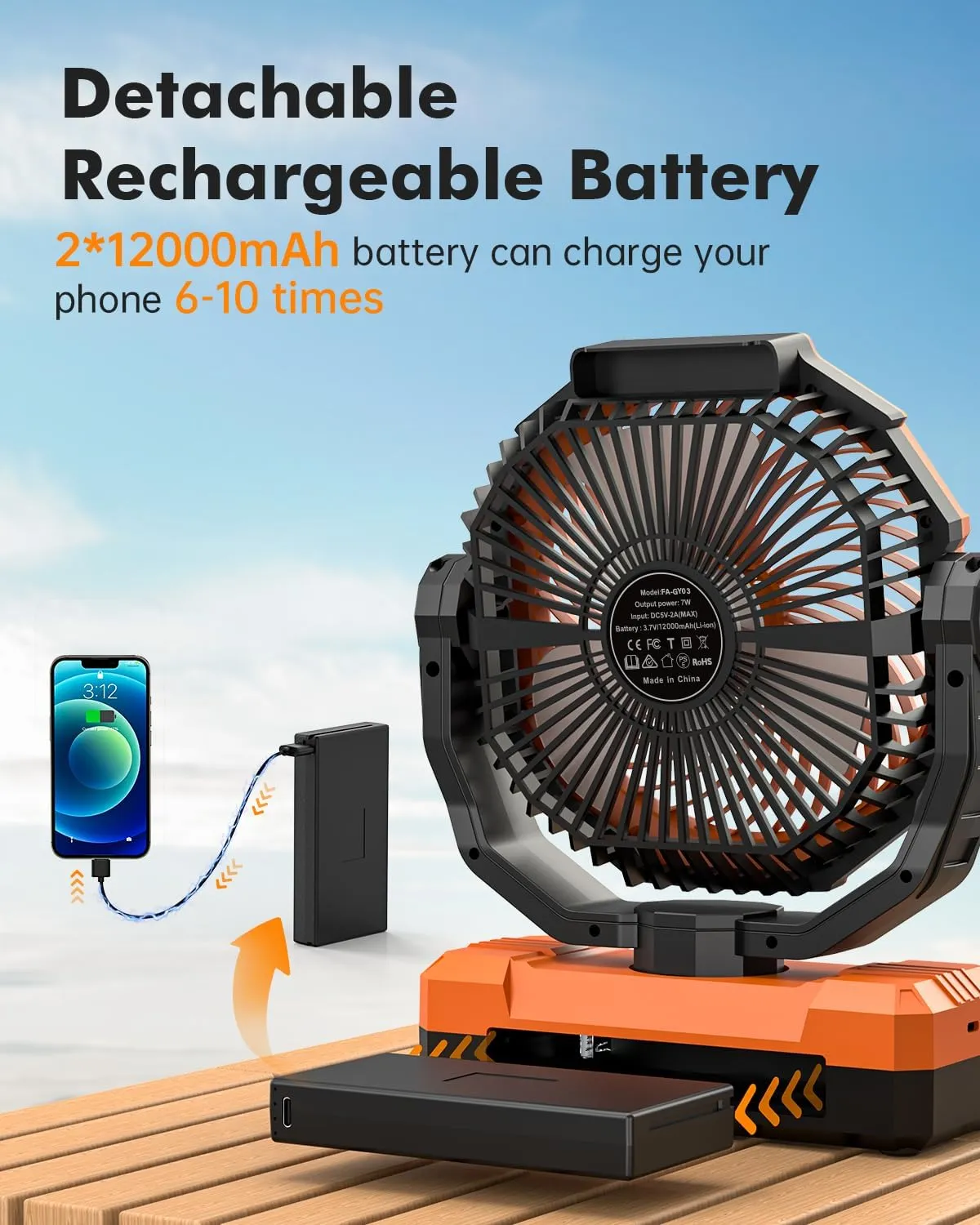 24000mAh Camping Fan - 9-Inch Detachable Rechargeable Battery Operated Fan with Light & Hook for Tent, Outdoor - USB Table Fan with 4 Speeds for Picnic, BBQ, Fishing, Travel, Hurricane