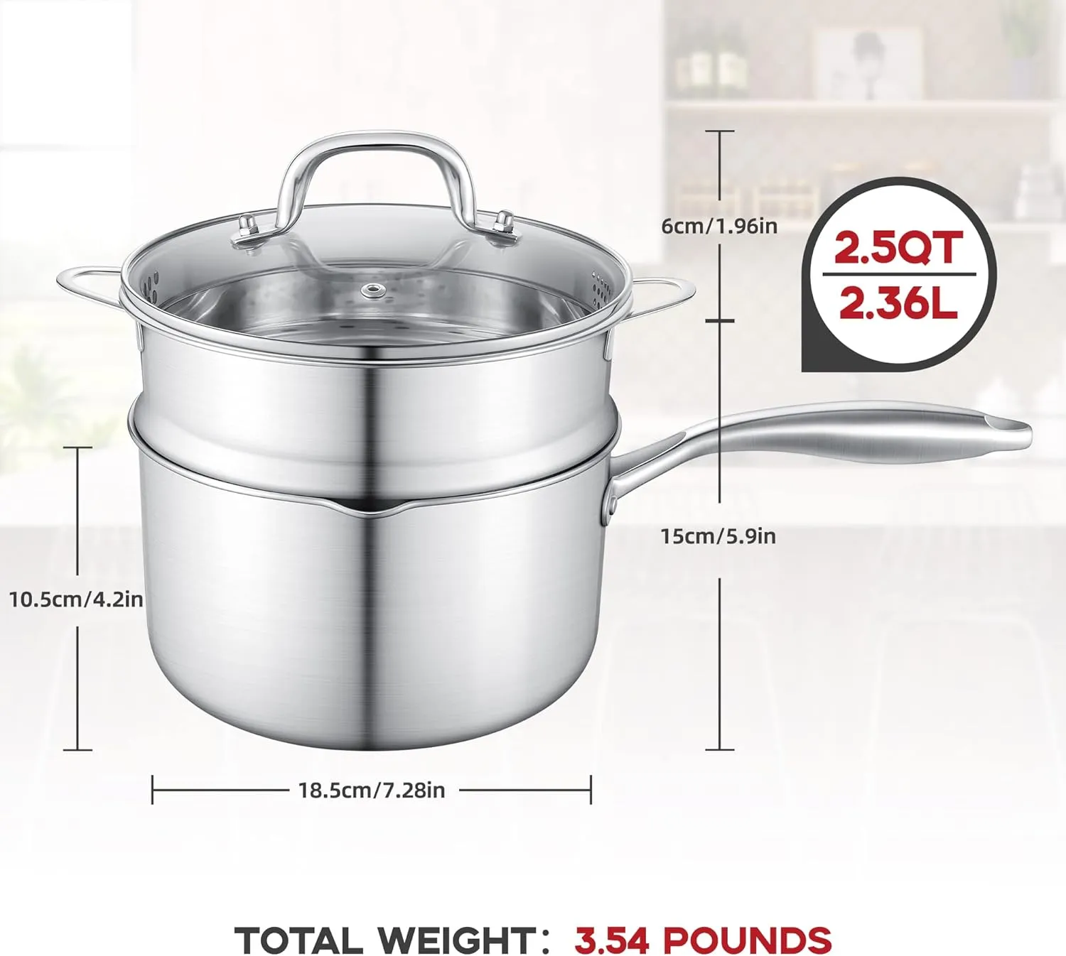 2.5 Quart Stainless Steel Saucepan with Steamer Basket, Tri-ply Full Body, Multipurpose Sauce Pot with Two-Size Drainage Holes Lid, Perfect For Boiling Gravies, Pasta, Noodles