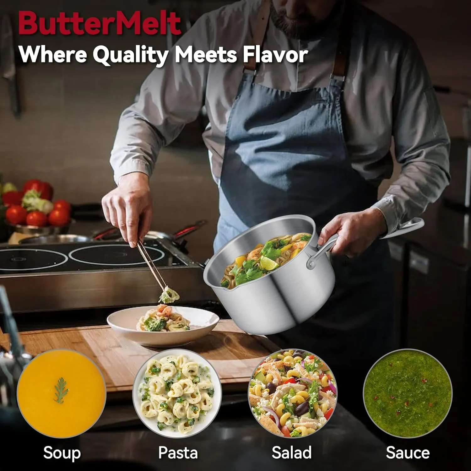 2.5 Quart Stainless Steel Saucepan with Steamer Basket, Tri-ply Full Body, Multipurpose Sauce Pot with Two-Size Drainage Holes Lid, Perfect For Boiling Gravies, Pasta, Noodles