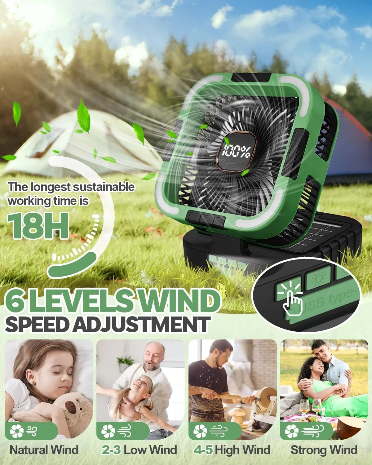 25000mah Camping Solar Fan, 120° Oscillation Rechargeable Solar Powered Fan with LED Light, 6 Adjustable Speeds Battery Powered Portable Fans, USB-C Fans for Travel Tent Camping Accessories