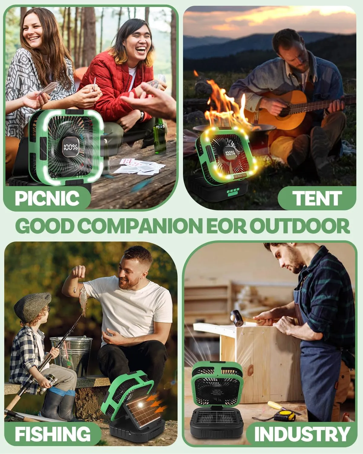 25000mah Camping Solar Fan, 120° Oscillation Rechargeable Solar Powered Fan with LED Light, 6 Adjustable Speeds Battery Powered Portable Fans, USB-C Fans for Travel Tent Camping Accessories