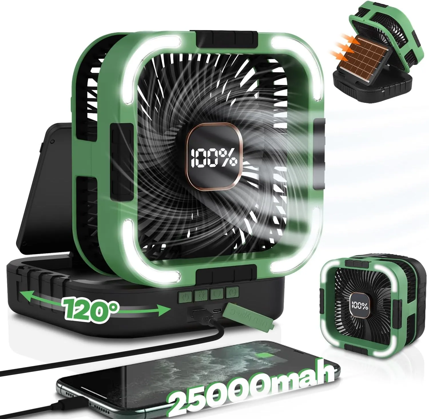 25000mah Camping Solar Fan, 120° Oscillation Rechargeable Solar Powered Fan with LED Light, 6 Adjustable Speeds Battery Powered Portable Fans, USB-C Fans for Travel Tent Camping Accessories