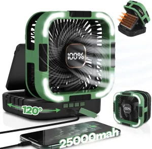 25000mah Camping Solar Fan, 120° Oscillation Rechargeable Solar Powered Fan with LED Light, 6 Adjustable Speeds Battery Powered Portable Fans, USB-C Fans for Travel Tent Camping Accessories