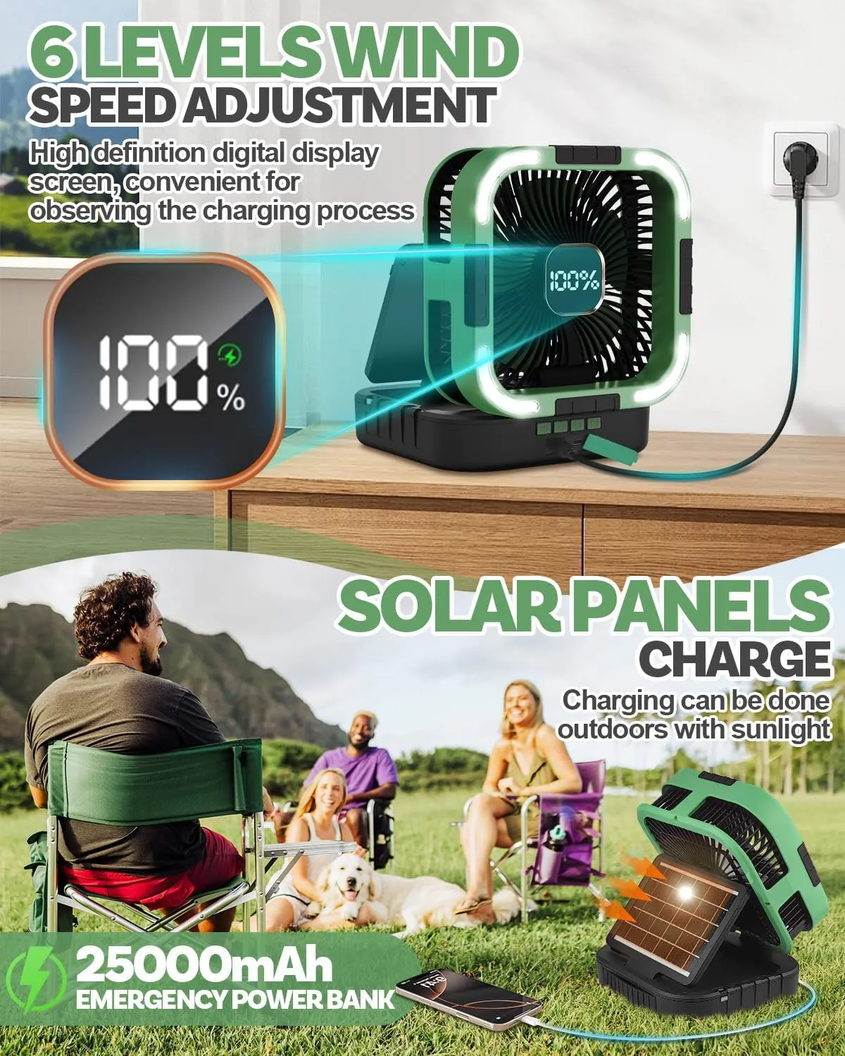 25000mah Camping Solar Fan, 120° Oscillation Rechargeable Solar Powered Fan with LED Light, 6 Adjustable Speeds Battery Powered Portable Fans, USB-C Fans for Travel Tent Camping Accessories
