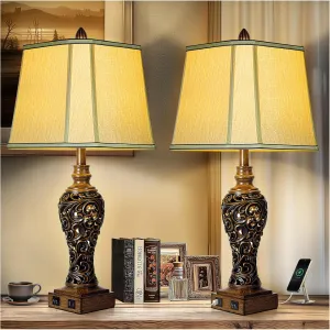 28.5'' Tall Farmhouse Vintage Table Lamp Set of 2 with Faux Silk Shade USB Ports Nightlight Decor for Bedside Living Room Bedroom Nightstands Office Home, Dark Bronze(Bulbs Included)