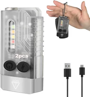 2Pcs 1000 Lumens Rechargeable Mini EDC Flashlight with Laser Pointer, 365nm UV Light, Multi-Color Light Source, Small Pocket Keychain Light with Magnetic Base & Beeping Alarm (Transparent)
