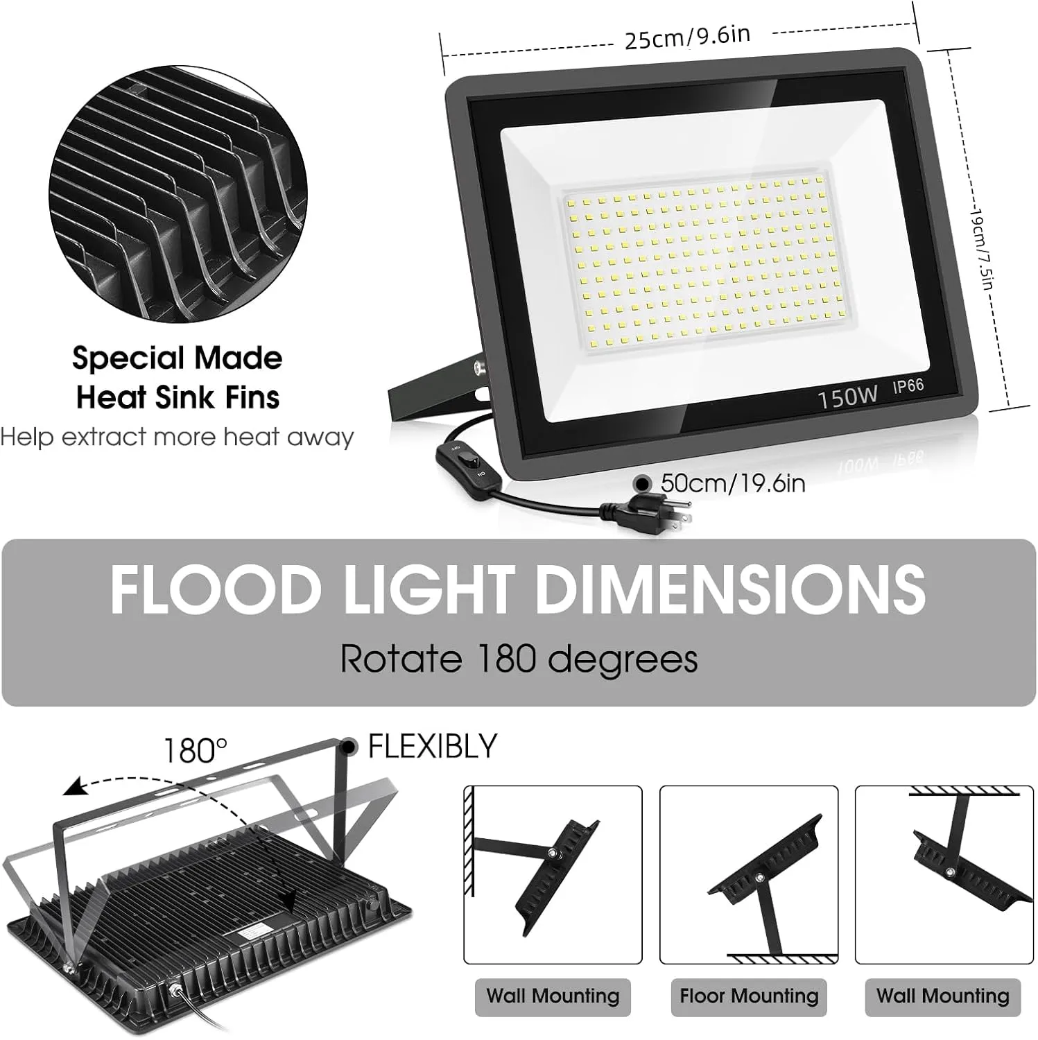 3 Pack 150W LED Flood Light Outdoor,Super Bright Exterior Security Light with Plug,IP66 Waterproof Flood Light, 15500LM 5000K Daylight White Floodlight for Yard, Garden,Basketball Court, Arena