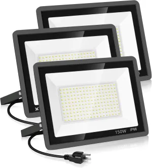 3 Pack 150W LED Flood Light Outdoor,Super Bright Exterior Security Light with Plug,IP66 Waterproof Flood Light, 15500LM 5000K Daylight White Floodlight for Yard, Garden,Basketball Court, Arena