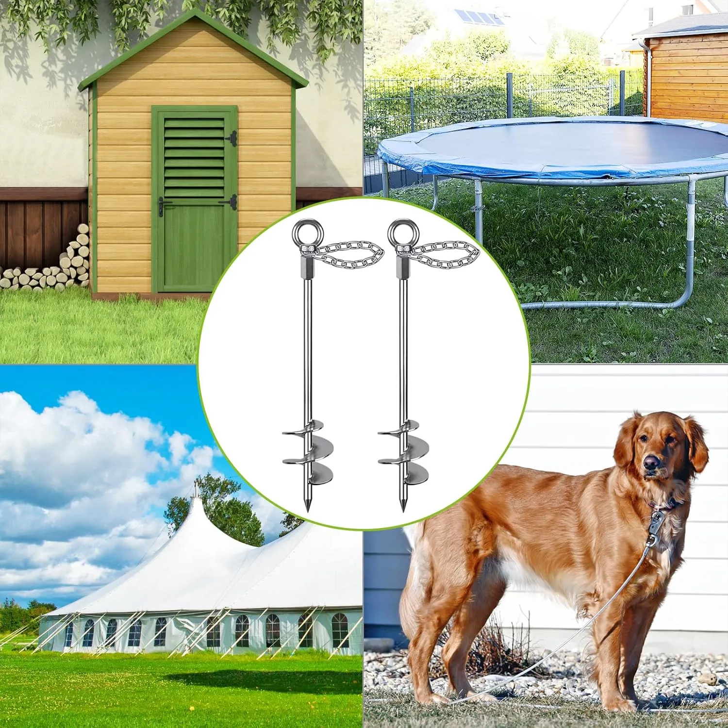 30'' Ground Anchors Screw in with Chain, Heavy Duty Trampoline Stakes, 2pcs Trampoline Anchors, Mobile Home Anchors for Camping Tents, Carports, Sheds, Swing Sets