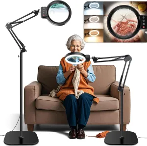 30X 10X Large Floor Magnifying Glass with Light and Stand,72 LED Adjustable Height Floor Magnifying Lamp,2 in 1 Lighted Magnifiers for Close Work, Sewing,Crafts,Hobbies,Reading,Black