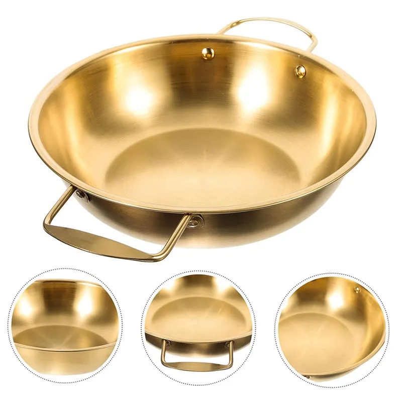 36 CM Stainless Steel Cooking Pan with 2 Side Handles Cooking Pot for Soup Noodles Seafood Dishwasher Safe Gold