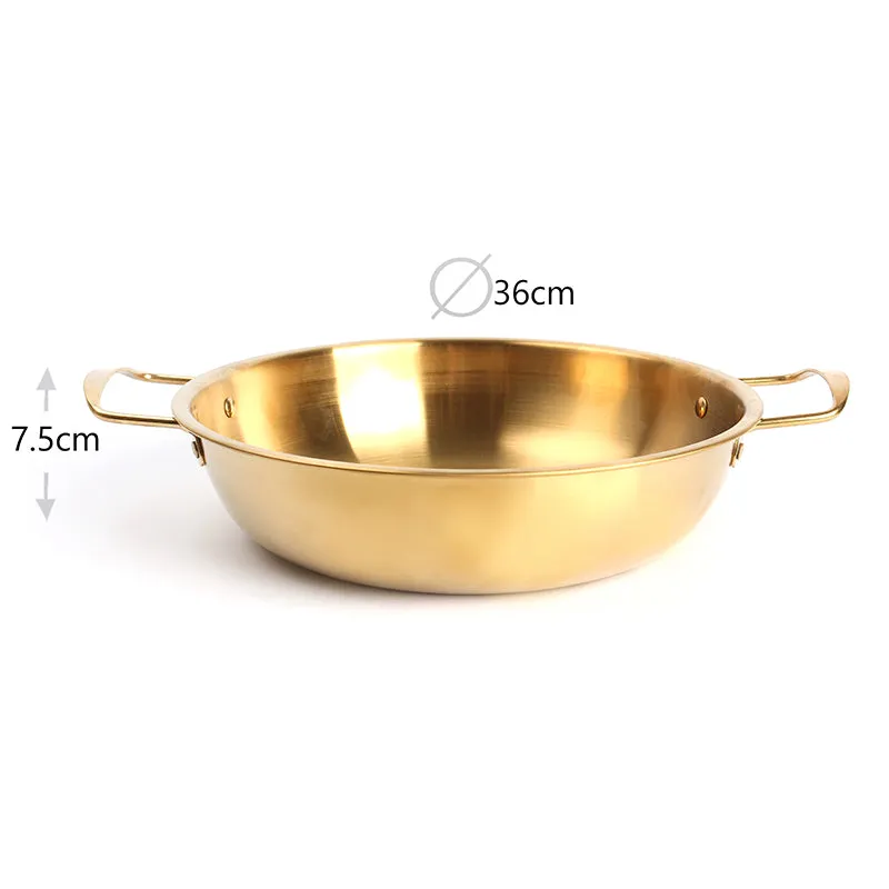 36 CM Stainless Steel Cooking Pan with 2 Side Handles Cooking Pot for Soup Noodles Seafood Dishwasher Safe Gold
