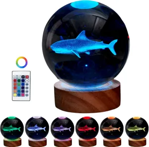3D Crystal Ball Shark Lamp,Lifelike 3D LED Shark Night Light,16 Color Changing Light,Dimmable Remote Control