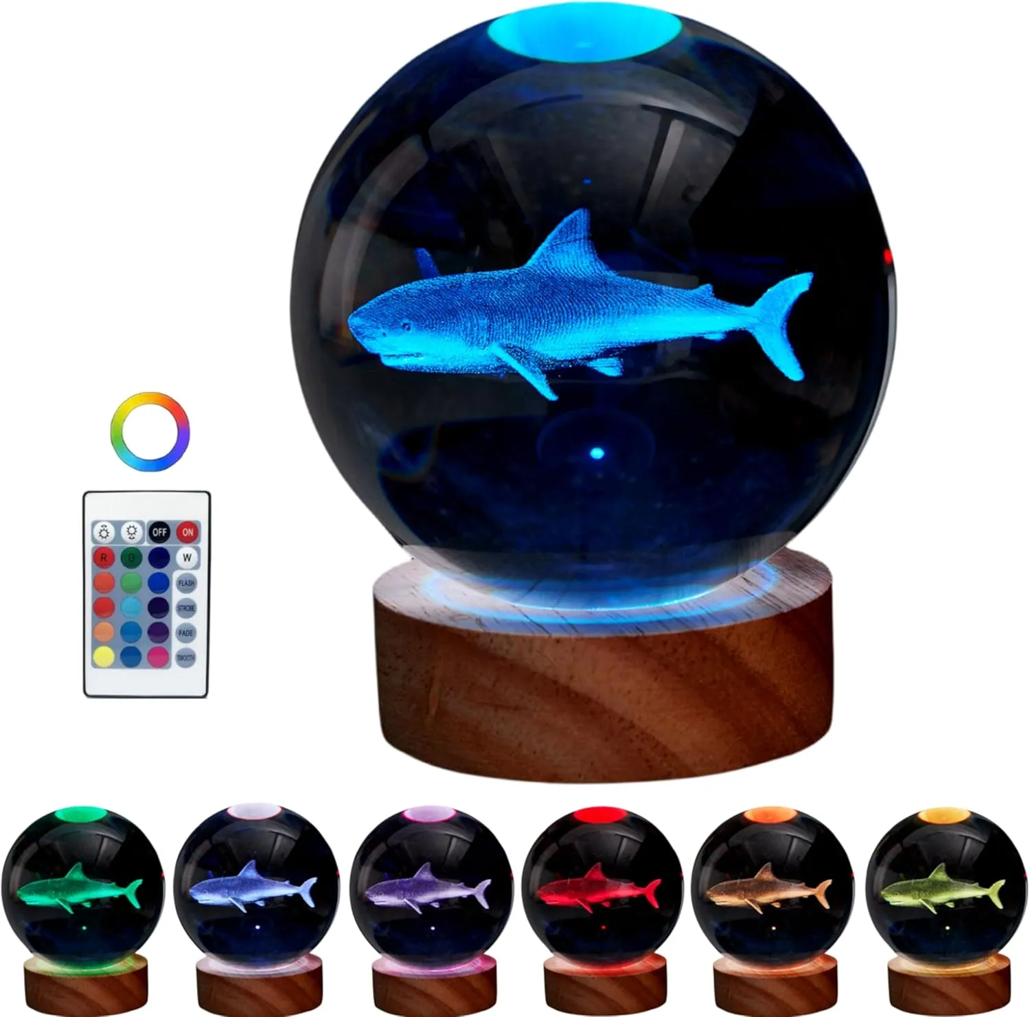 3D Crystal Ball Shark Lamp,Lifelike 3D LED Shark Night Light,16 Color Changing Light,Dimmable Remote Control