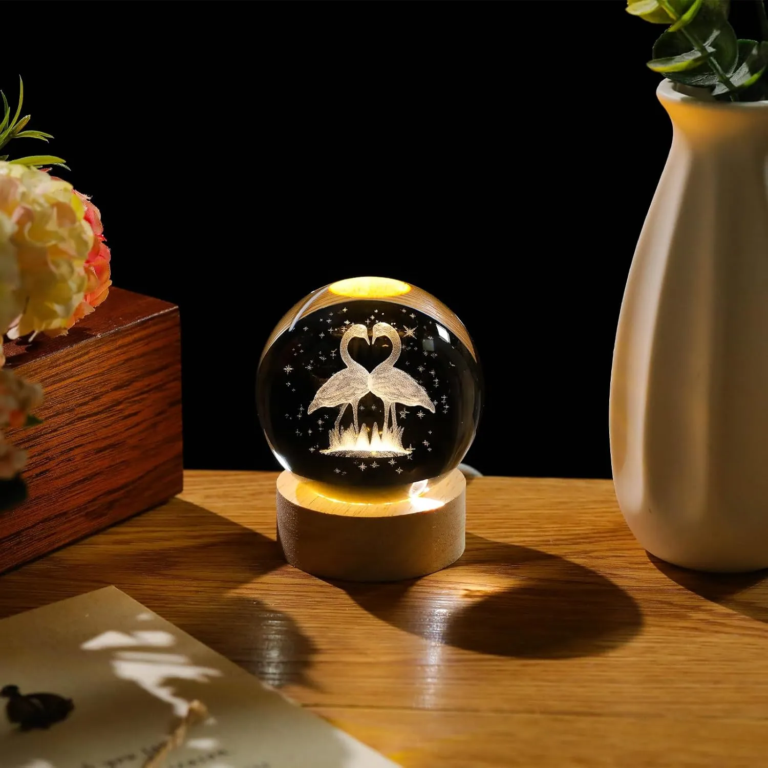 3D Flamingo Crystal Figurines with Wooden Light Base Gifts, Crystal Ball Lamp with Wooden Light Base, Laser Engraved Glass Sphere Home Decor