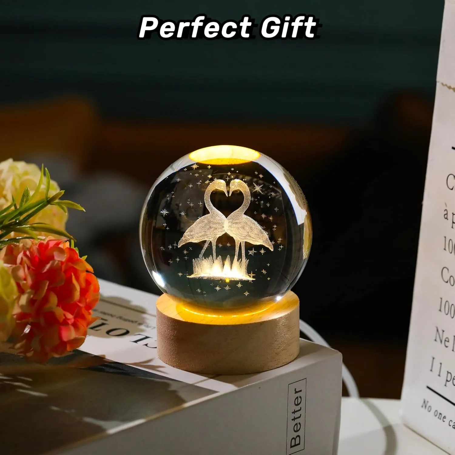3D Flamingo Crystal Figurines with Wooden Light Base Gifts, Crystal Ball Lamp with Wooden Light Base, Laser Engraved Glass Sphere Home Decor