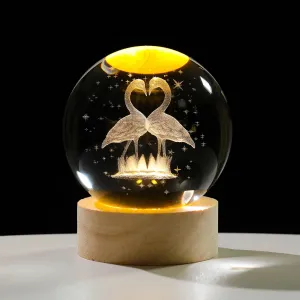 3D Flamingo Crystal Figurines with Wooden Light Base Gifts, Crystal Ball Lamp with Wooden Light Base, Laser Engraved Glass Sphere Home Decor