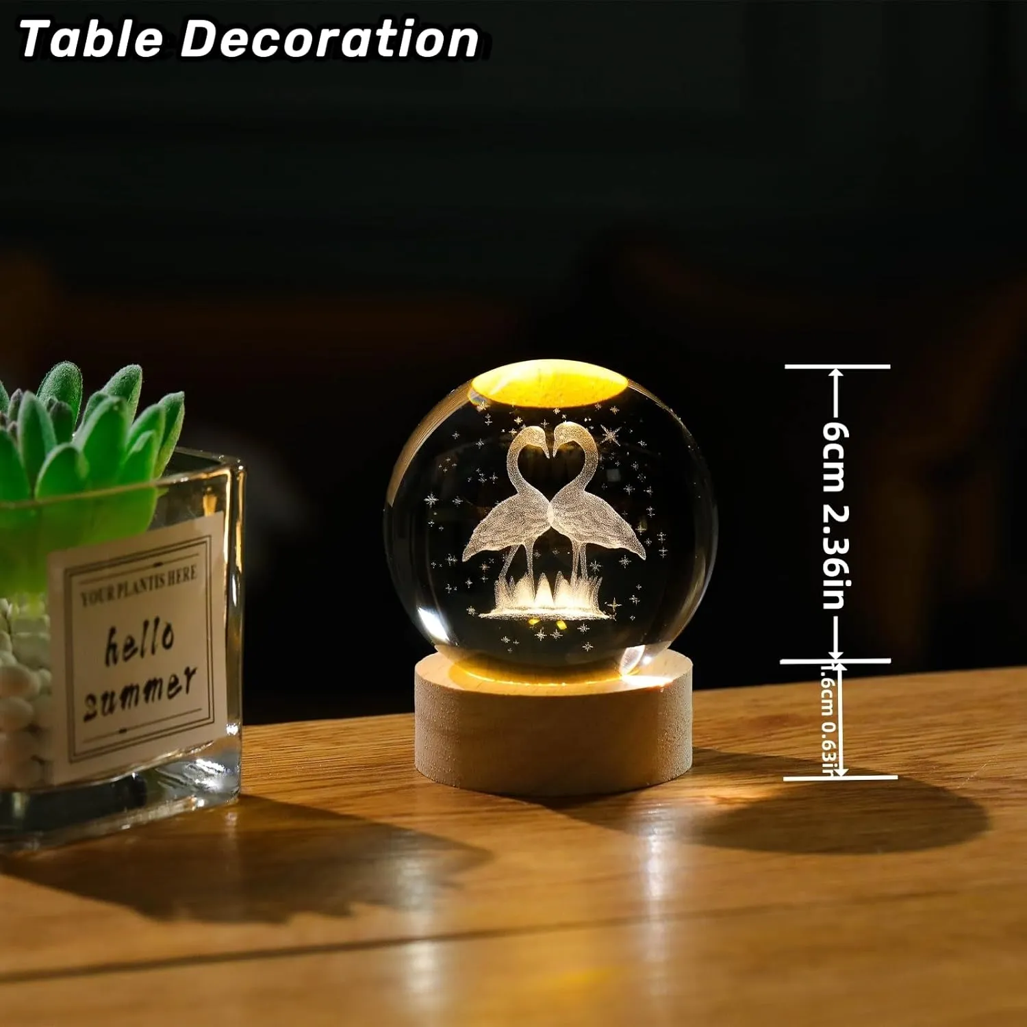 3D Flamingo Crystal Figurines with Wooden Light Base Gifts, Crystal Ball Lamp with Wooden Light Base, Laser Engraved Glass Sphere Home Decor