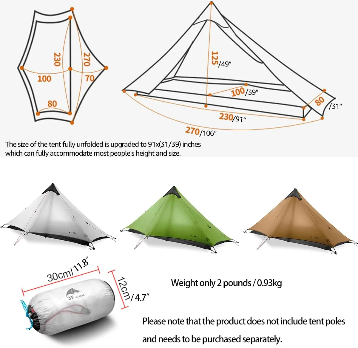 3F UL Gear Lanshan1 Ultralight Tent 3/4 Season Portable Backpacking Tent for 1-Person 15D Silicon Coated Waterproof Poleless Double Layer Tent for Camping, Climbing, Hiking
