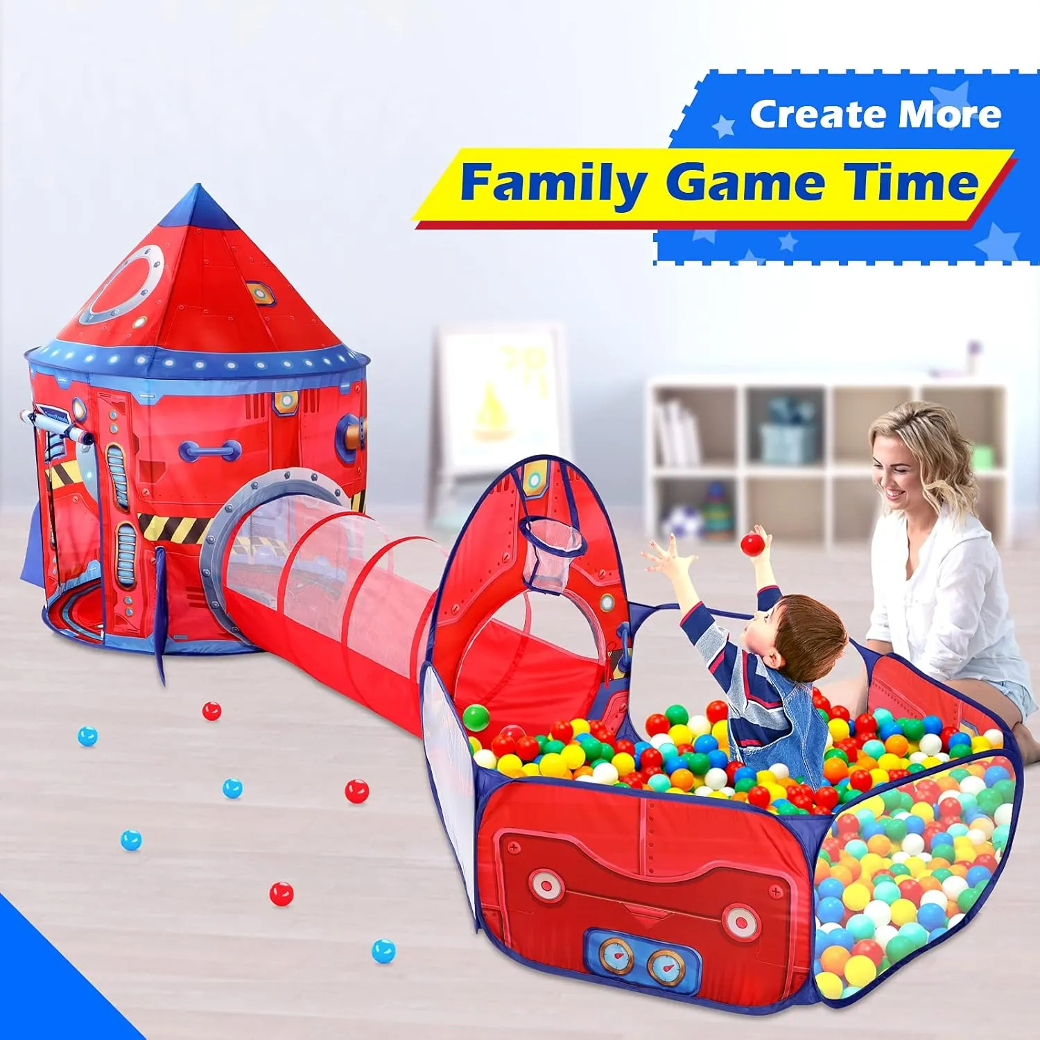 3pc Kids Play Tent for Girls with Ball Pit, Crawl Tunnel, Princess Tents for Toddlers, Baby Space World Playhouse Toys (3PC Red Rocket Play Tent)