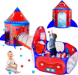 3pc Kids Play Tent for Girls with Ball Pit, Crawl Tunnel, Princess Tents for Toddlers, Baby Space World Playhouse Toys (3PC Red Rocket Play Tent)
