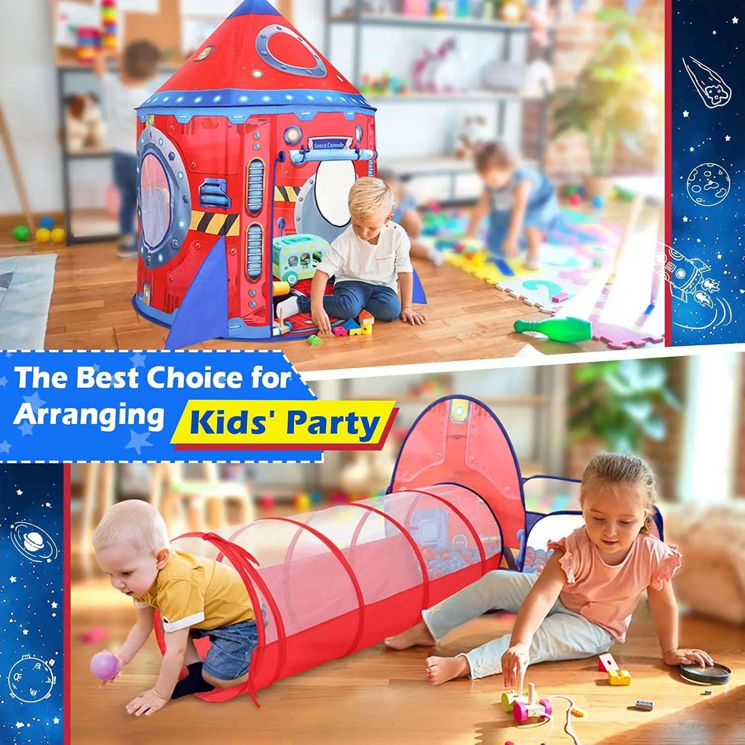 3pc Kids Play Tent for Girls with Ball Pit, Crawl Tunnel, Princess Tents for Toddlers, Baby Space World Playhouse Toys (3PC Red Rocket Play Tent)