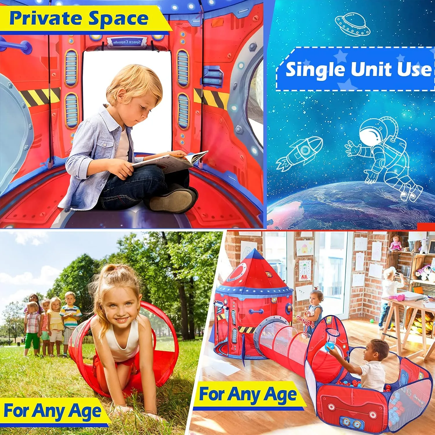 3pc Kids Play Tent for Girls with Ball Pit, Crawl Tunnel, Princess Tents for Toddlers, Baby Space World Playhouse Toys (3PC Red Rocket Play Tent)