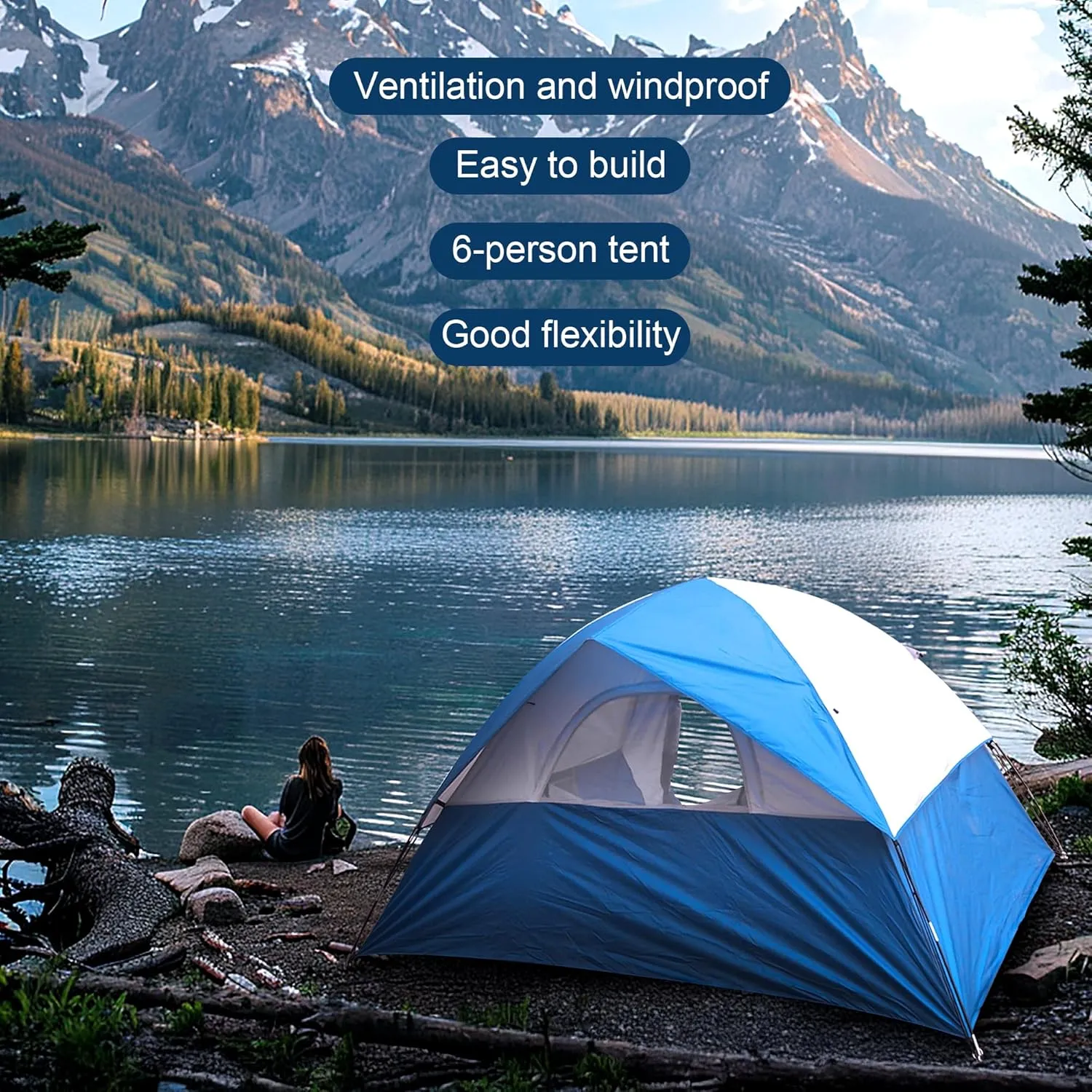 4-6 Person Dome Camping Tent, Double Layer Waterproof, Removable Rain Fly, for Outdoor Hiking, Fishing