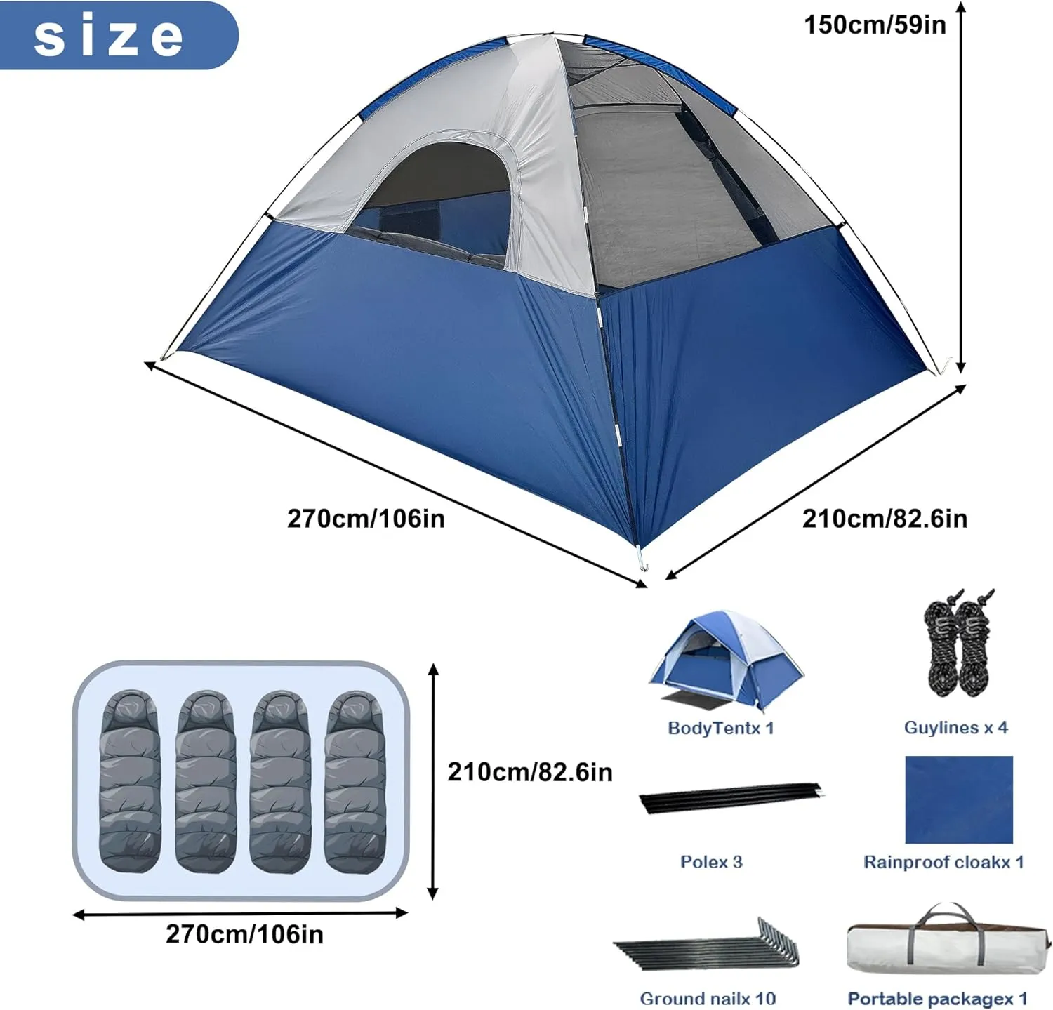 4-6 Person Dome Camping Tent, Double Layer Waterproof, Removable Rain Fly, for Outdoor Hiking, Fishing