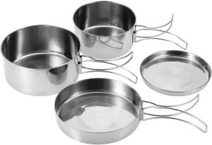 4 Pcs Portable Cookware Set, Stainless Steel Combination Cookware Camping Kitchenware Pan Pot Plate Tableware for Outdoor Cooking