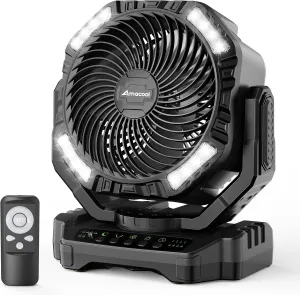 40000mAh Rechargeable Camping Fan, Battery Operated Fan with Light & Remote, 12" Portable Outdoor Fan, Auto Oscillating Battery Powered Floor Fan for Tent RV Car Travel Jobsite Hurricane Power Outages