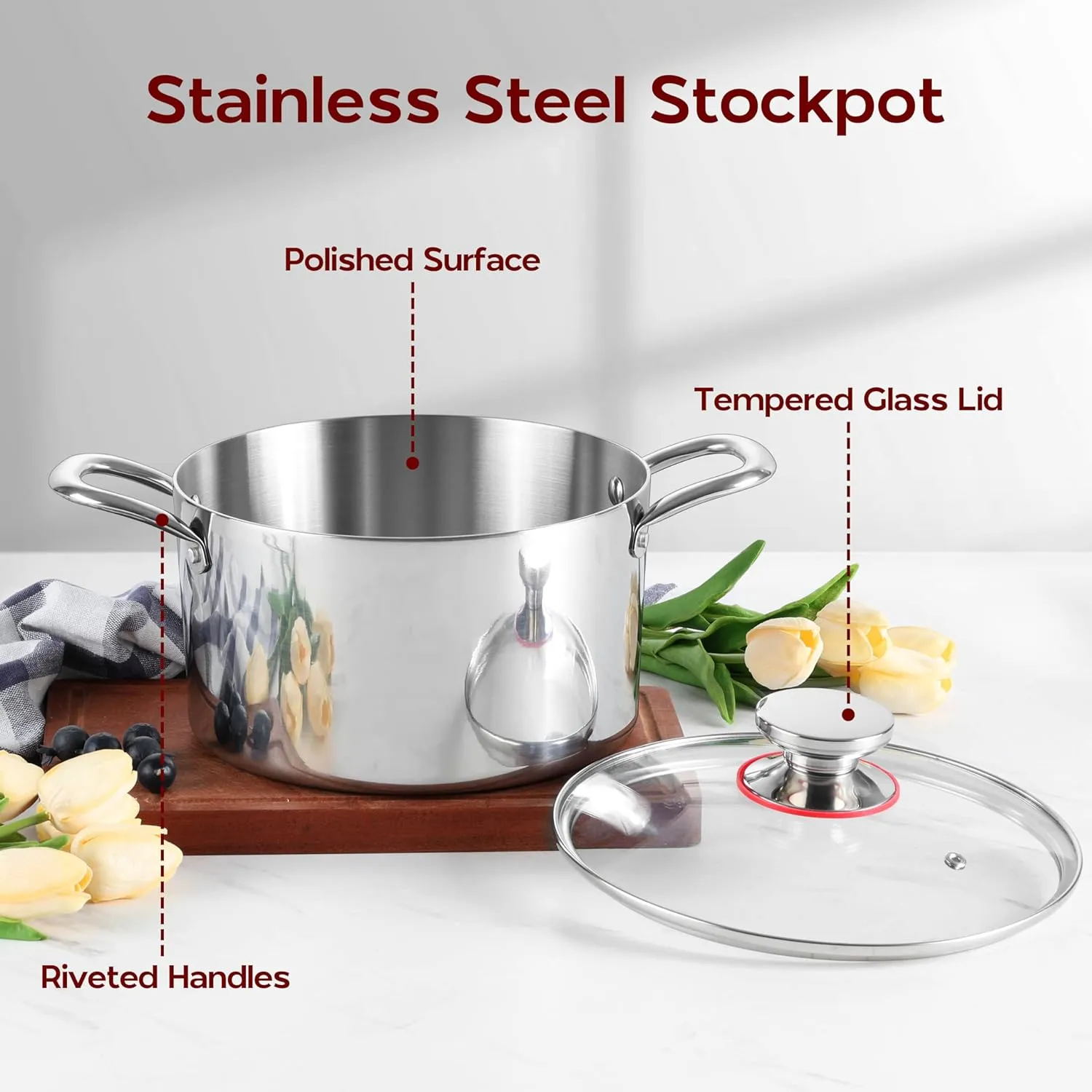 4.5 Quart Stock Soup Pot with Lid Stainless Steel Stockpot Tri-Ply Induction Cooking Pot